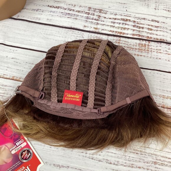 Bio Tapered Wig F2315 Dark Brown Highlights Swoop Heat Safe Adjustable Synthetic - Picture 7 of 7